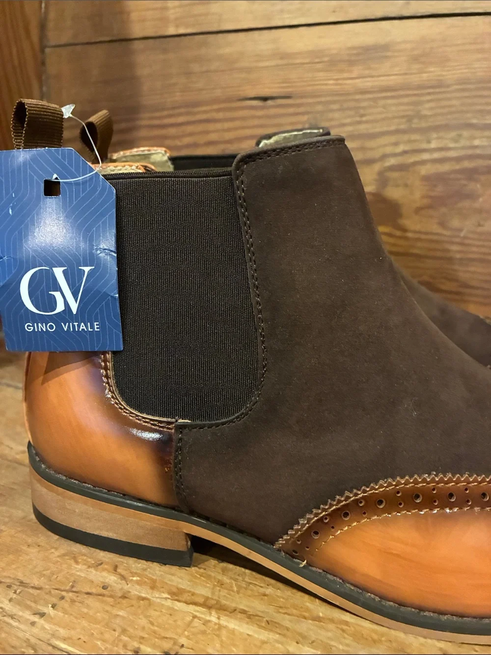 Gino Vitale Two-Tone Brown Leather & Suede Chelsea Brogue Boots - Sz 10
